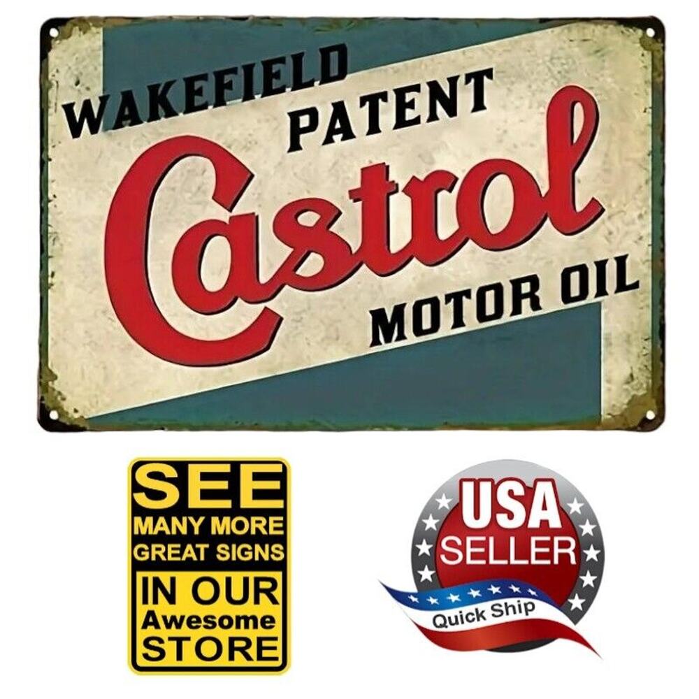 Retro Metal Tin Sign • Petroliana • Castrol Motor Oil • Wakefield Patent • 8x12